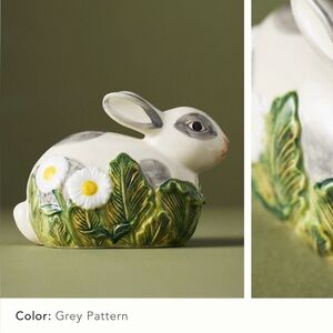 Anthropologie NIB "SOLD OUT" Stoneware Grey Bunny with Green and Yellow Accents